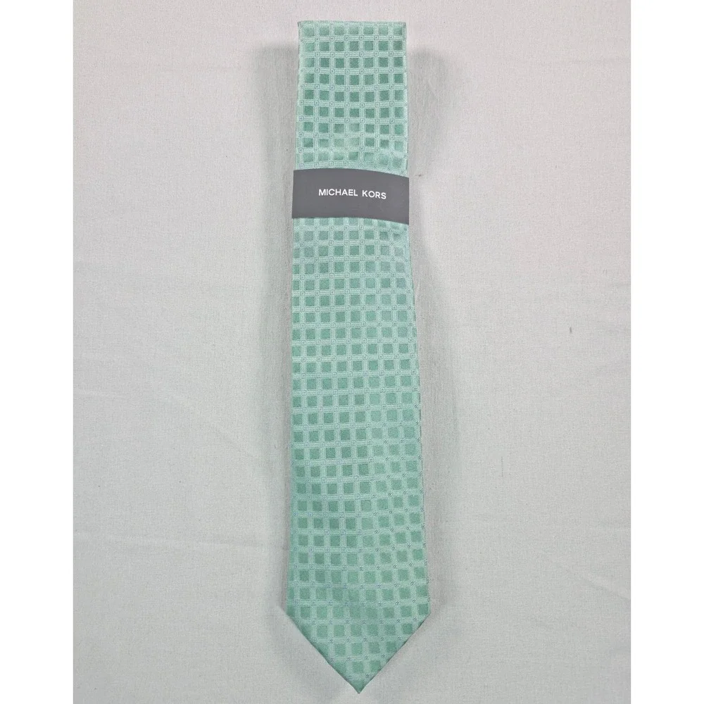 Michael Kors Mens Tie One Size Green Longboat Grid Silk Blend Necktie NWT